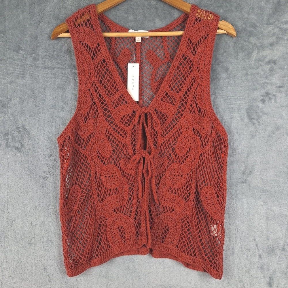 Boho Crochet Vest Womens Large Cottage Hippie Festival Indie Open Knit Tie Front